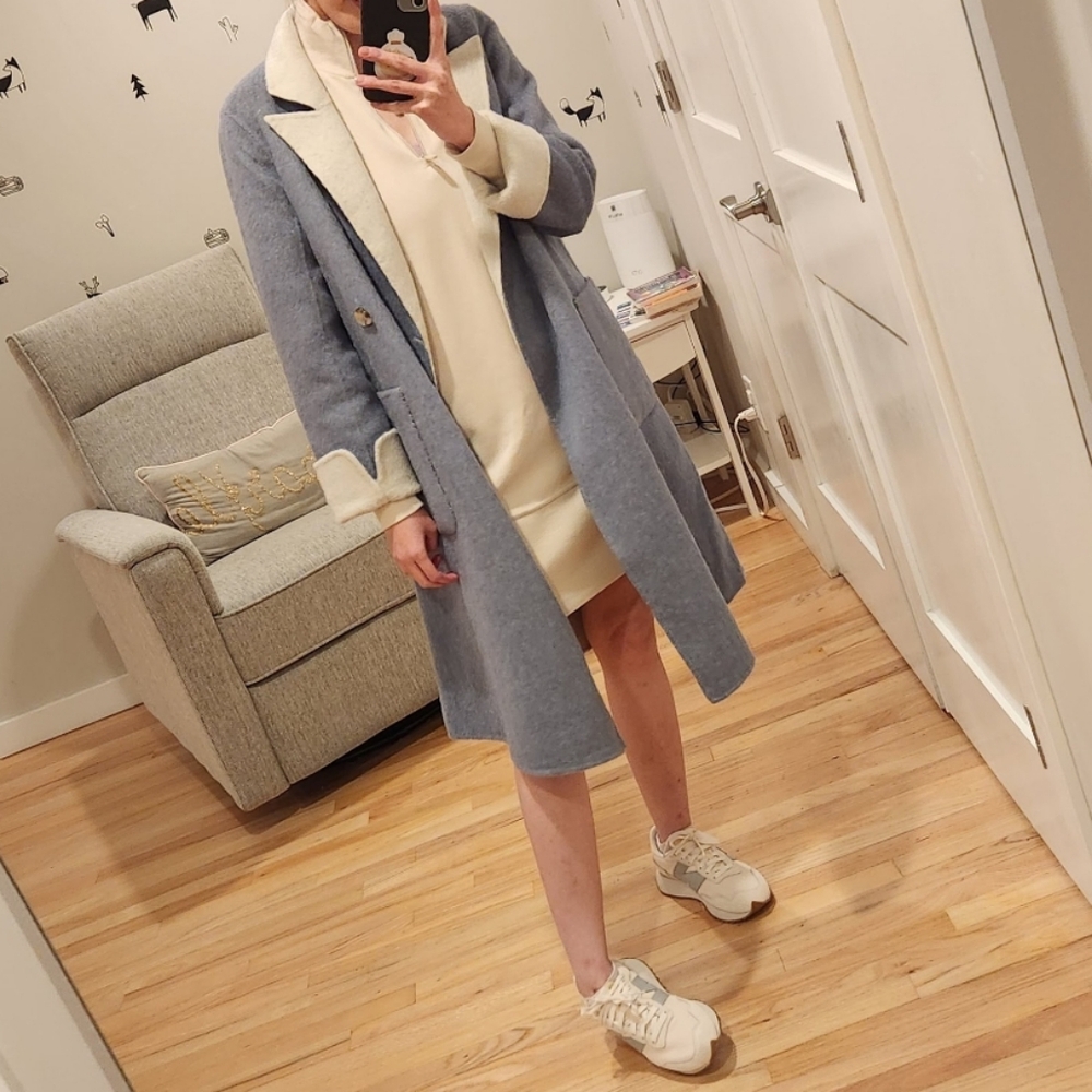 Petite Studio Blue and White Reversible Wool Coat XXS